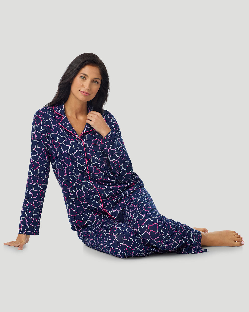 Cotton-Blend Long Sleeve Notch Collar With Long Pant Pajama Set