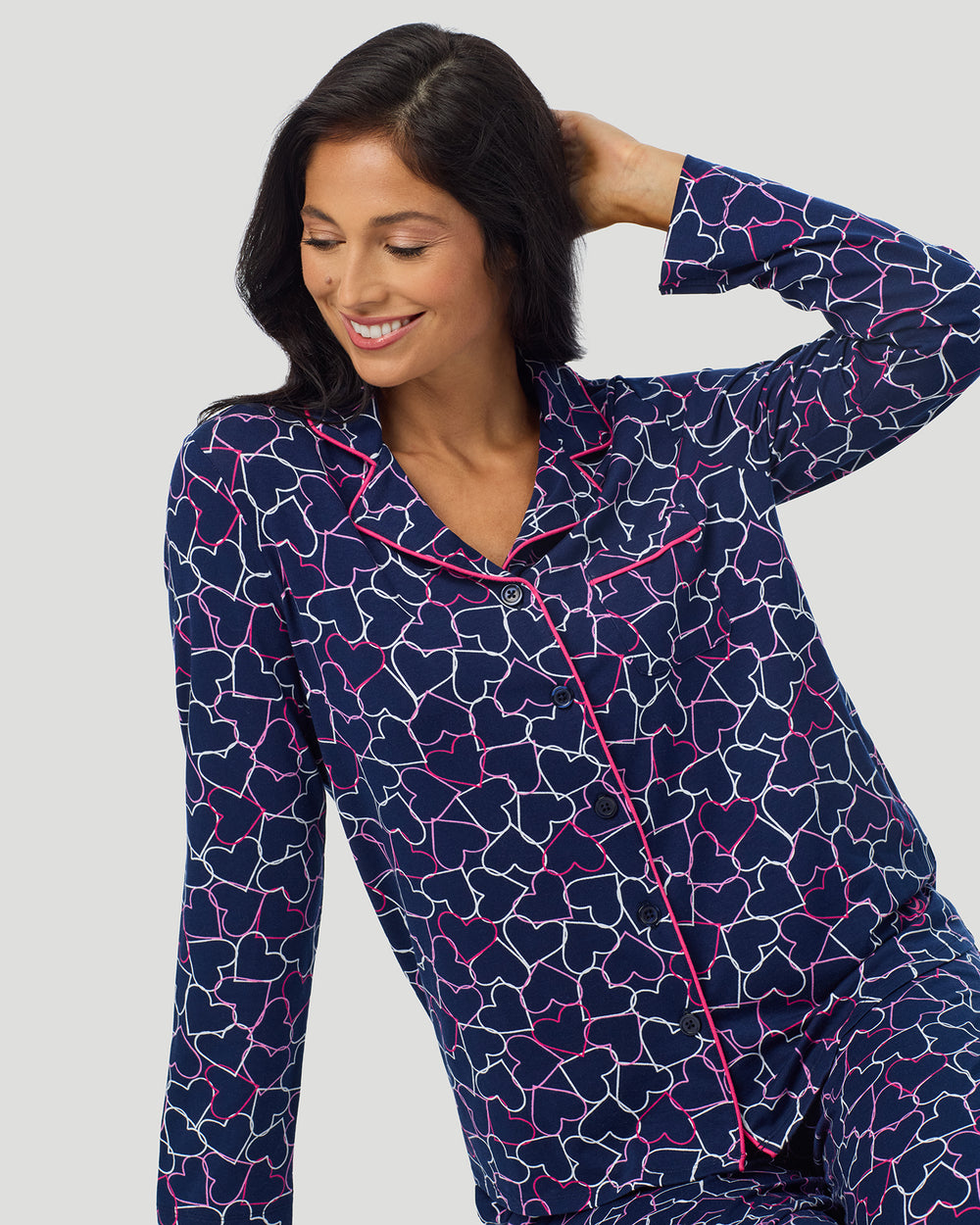 Cotton-Blend Long Sleeve Notch Collar With Long Pant Pajama Set