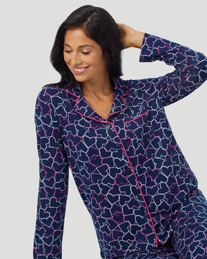 Cotton-Blend Long Sleeve Notch Collar With Long Pant Pajama Set