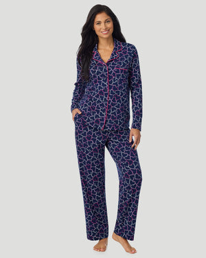 Cotton-Blend Long Sleeve Notch Collar With Long Pant Pajama Set