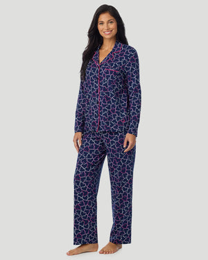 Cotton-Blend Long Sleeve Notch Collar With Long Pant Pajama Set