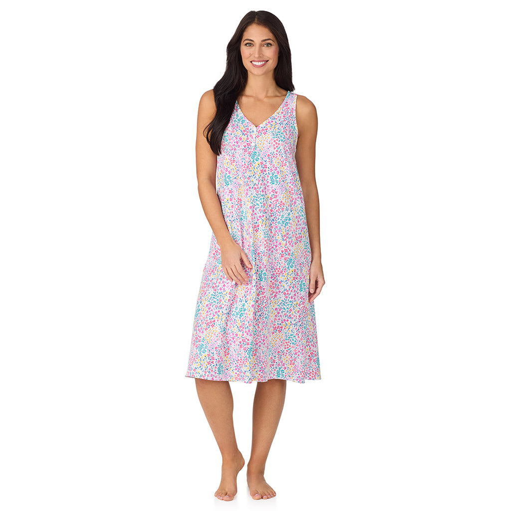 A lady wearing Cotton-Blend Sleeveless Sleep Midi-Gown in Ditsy Floral Print