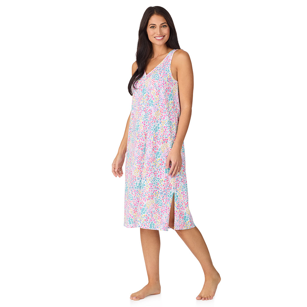 Ditsy Floral Print; Model is wearing size S. She is 5'8.5", Bust 32", Waist 25", Hips 36". @A lady wearing Cotton-Blend Sleeveless Sleep Midi-Gown in Ditsy Floral Print