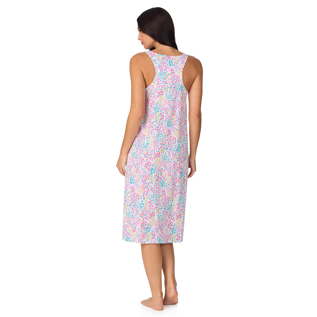 Ditsy Floral Print; Model is wearing size S. She is 5'8.5", Bust 32", Waist 25", Hips 36". @A lady wearing Cotton-Blend Sleeveless Sleep Midi-Gown in Ditsy Floral Print