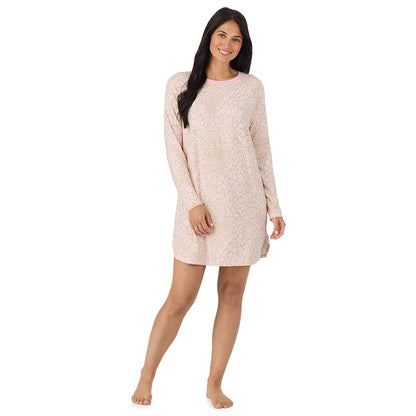  A lady wearing Oatmeal Animal Brushed Sweater Knit Long Sleeve Sleepshirt in a front view pose