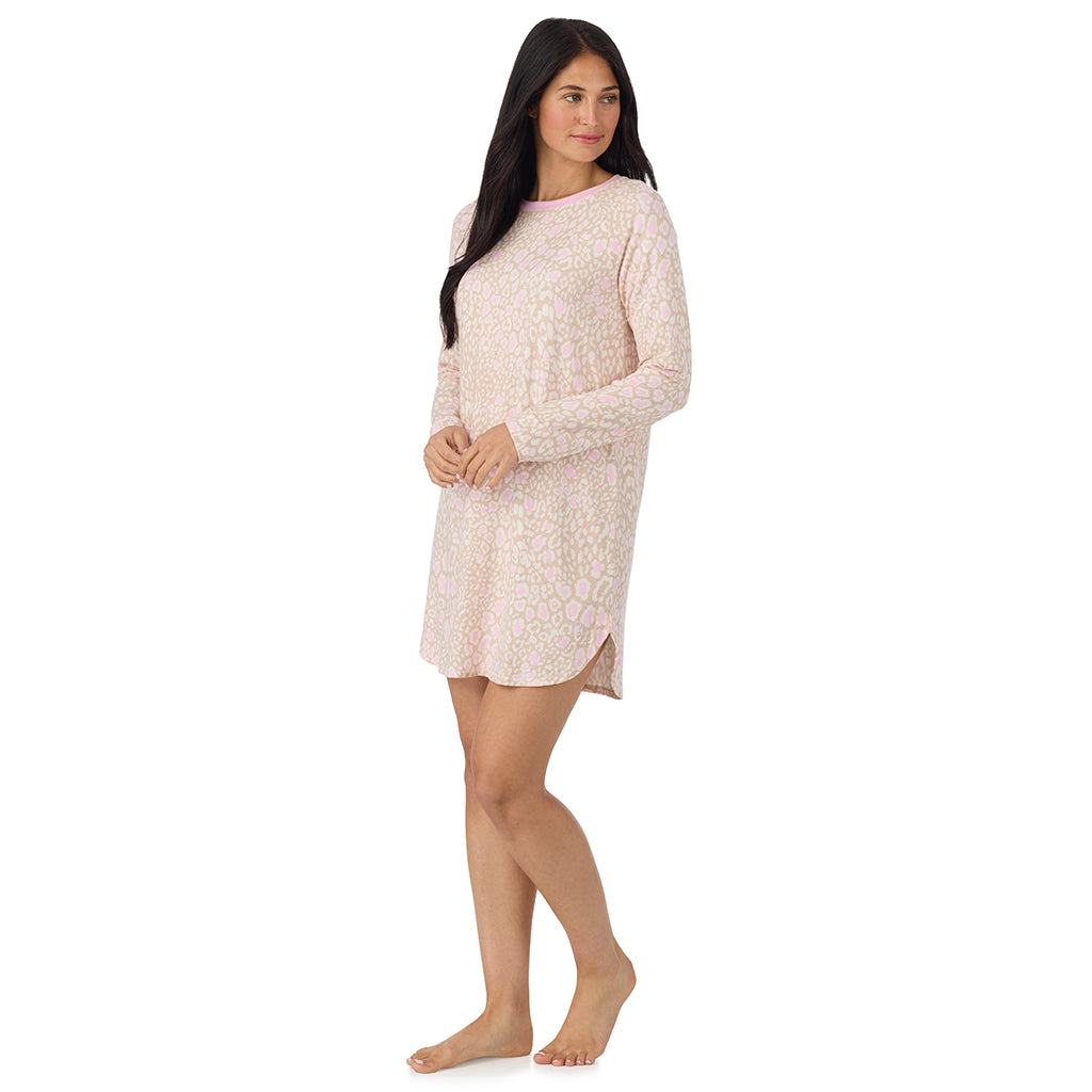  A lady wearing Oatmeal Animal Brushed Sweater Knit Long Sleeve Sleepshirt in a side view pose