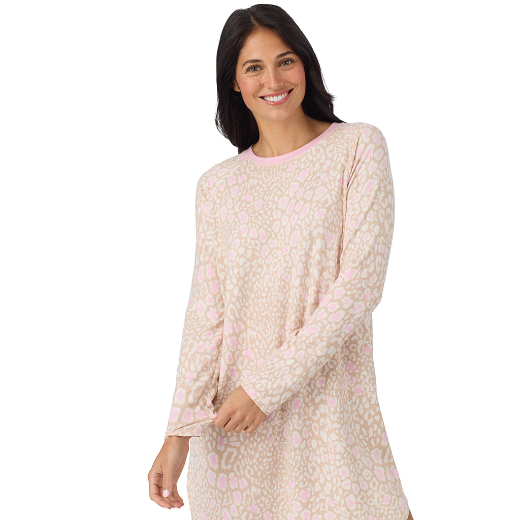 Oatmeal Animal; Model is wearing size S. She is 5'8.5", Bust 32", Waist 25", Hips 36". @ A lady wearing Oatmeal Animal Brushed Sweater Knit Long Sleeve Sleepshirt in a front view closer look