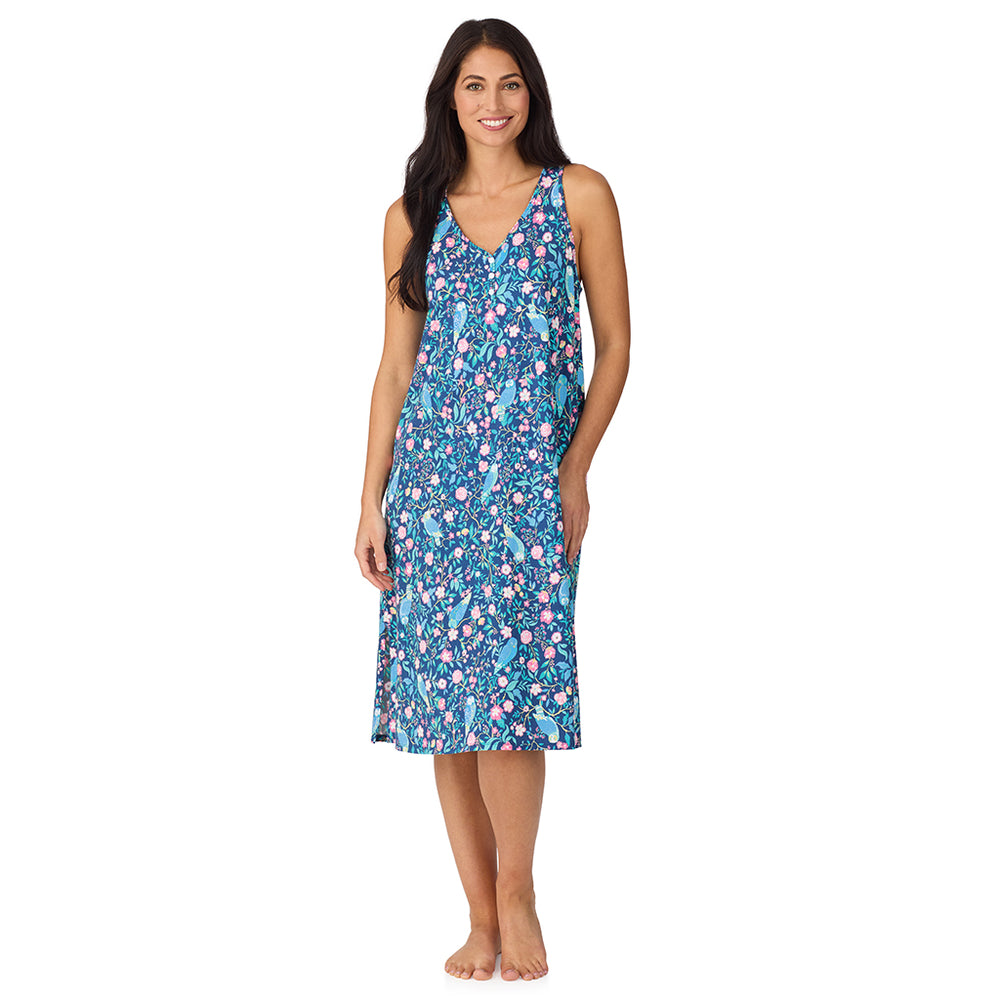 A lady wearing Cotton-Blend Sleeveless Sleep Midi-Gown in Dark Blue Owl