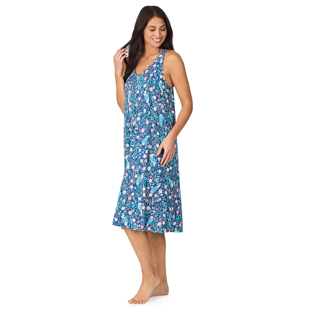 A lady wearing Cotton-Blend Sleeveless Sleep Midi-Gown in Dark Blue Owl