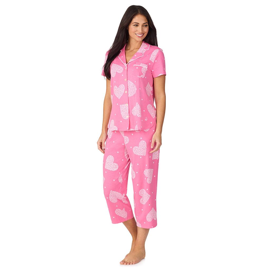 Pink Flower Heart; Model is wearing size S. She is 5'8.5", Bust 32", Waist 25", Hips 36". @A lady wearing Cotton-Blend Short Sleeve Notch Collar with Cropped Pant 2-Pc Pajama Set in Pink Flower Heart