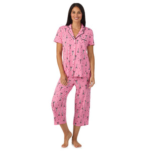 A lady wearing Cotton Rich Short Sleeve Notch Collar Top with Cropped Pant Pajama Set