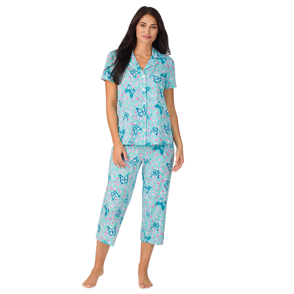 Aqua Butterfly; Model is wearing size S. She is 5'8.5", Bust 32", Waist 25", Hips 36". @A lady wearing Cotton-Blend Short Sleeve Notch Collar with Cropped Pant 2-Pc Pajama Set in Aqua Butterfly