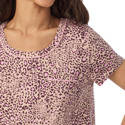 Leopard Animal; Model is wearing size S. She is 5’9”, Bust 34”, Waist 23”, Hips 35”.@A lady wearing a Leopard Animal Cotton Rich Short Sleeve Top with Cropped Pant Pajama Set