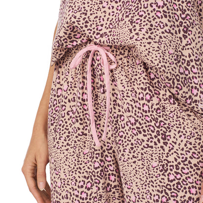 Leopard Animal; Model is wearing size S. She is 5’9”, Bust 34”, Waist 23”, Hips 35”.@A lady wearing a Leopard Animal Cotton Rich Short Sleeve Top with Cropped Pant Pajama Set