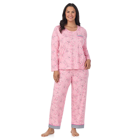 A lady wearing a Pink Celestial Cotton Rich Long Sleeve Top with Pant Pajama Set PLUS