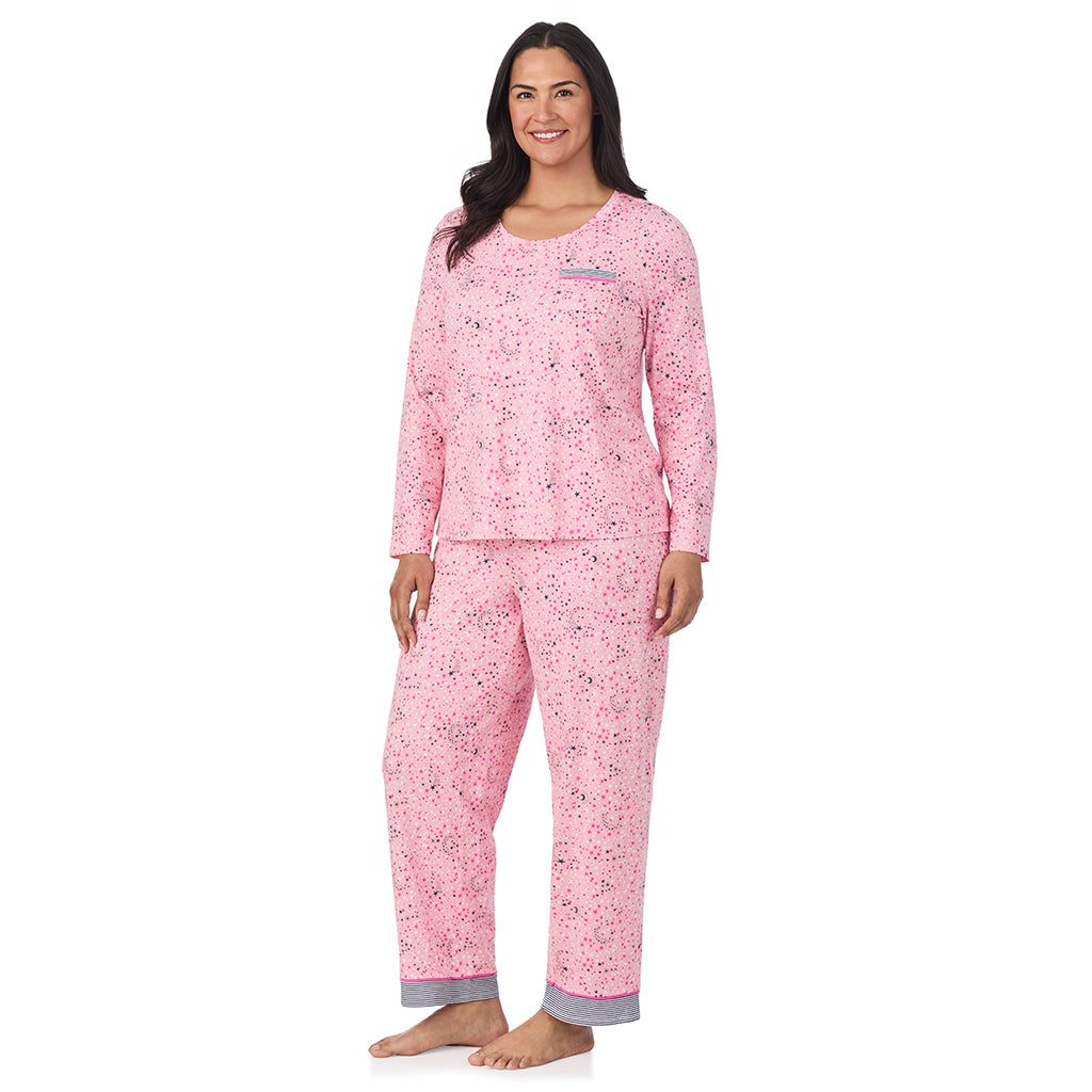 Pink Celestial; Model is wearing size 1X. She is 5'10", Bust 40", Waist 33", Hips 47".@A lady wearing a Pink Celestial Cotton Rich Long Sleeve Top with Pant Pajama Set PLUS