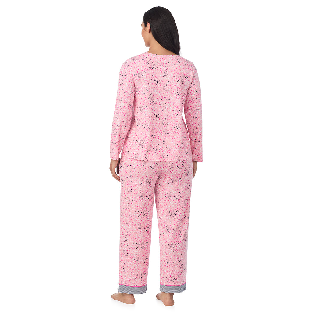 A lady wearing a Pink Celestial Cotton Rich Long Sleeve Top with Pant Pajama Set PLUS