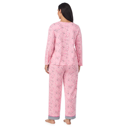 Pink Celestial; Model is wearing size 1X. She is 5'10", Bust 40", Waist 33", Hips 47".@A lady wearing a Pink Celestial Cotton Rich Long Sleeve Top with Pant Pajama Set PLUS