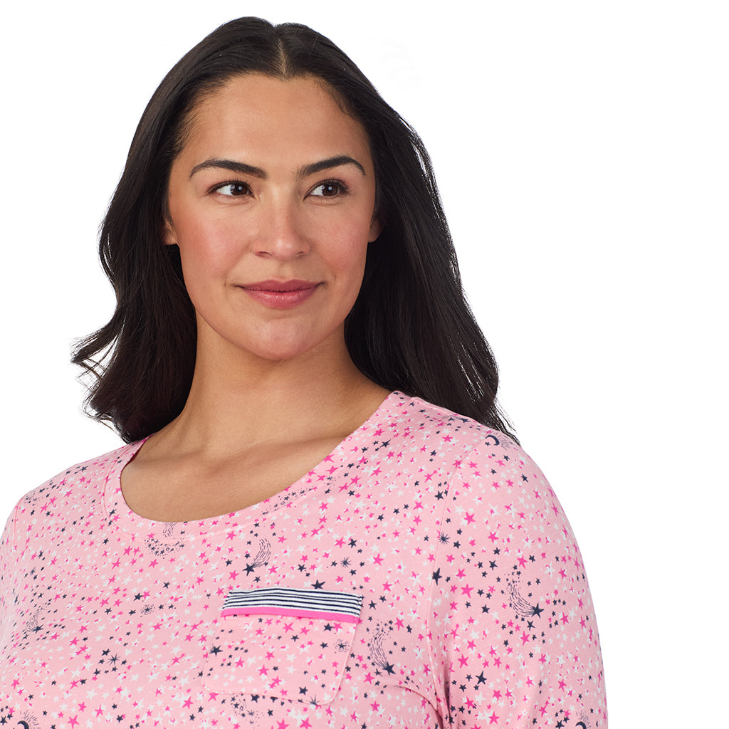 A lady wearing a Pink Celestial Cotton Rich Long Sleeve Top with Pant Pajama Set PLUS