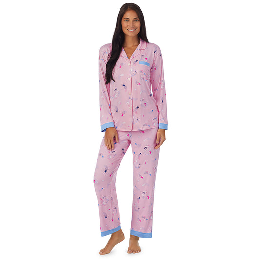 A lady wearing  pink Long Sleeve Notch Pajama Set
