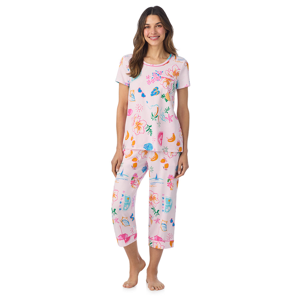 A lady wearing Cotton-Blend Short Sleeve Top and Cropped Pant Pajama Set in Pink Summer Scene posing front view pose