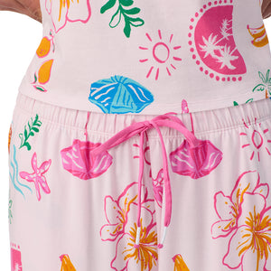  A lady wearing Cotton-Blend Short Sleeve Top and Cropped Pant Pajama Set in Pink Summer Scene posing detail close up view pose