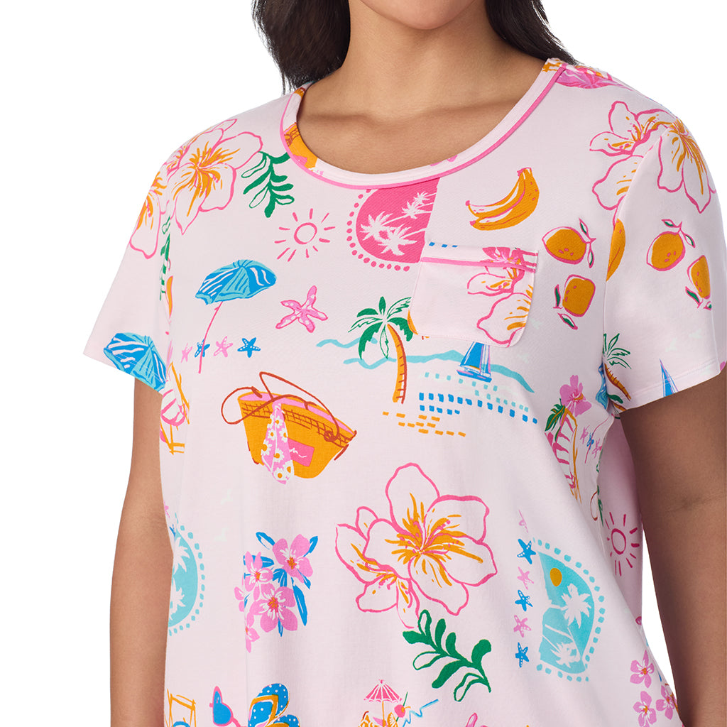 A Plus size lady wearing Cotton-Blend Sleeveless Sleep Midi-Gown PLUS in Pink Summer Scene posing front close up view pose