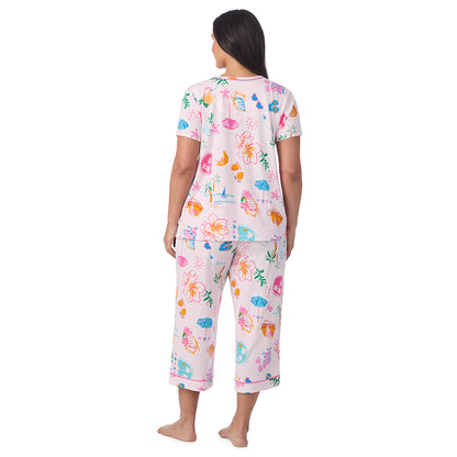  A Plus size lady wearing Cotton-Blend Sleeveless Sleep Midi-Gown PLUS in Pink Summer Scene posing back view pose