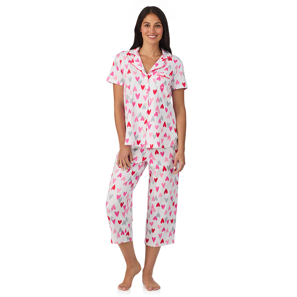 A lady wearing Cotton Rich Short Sleeve Notch Collar Top with Cropped Pant Pajama Set