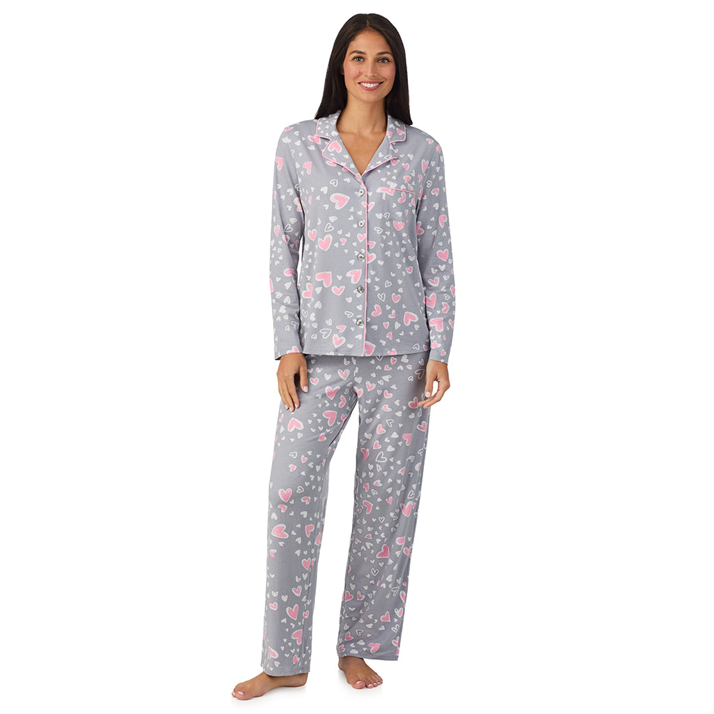 A lady wearing Cotton Rich Long Sleeve Notch Collar Top with Long Pant Pajama Set