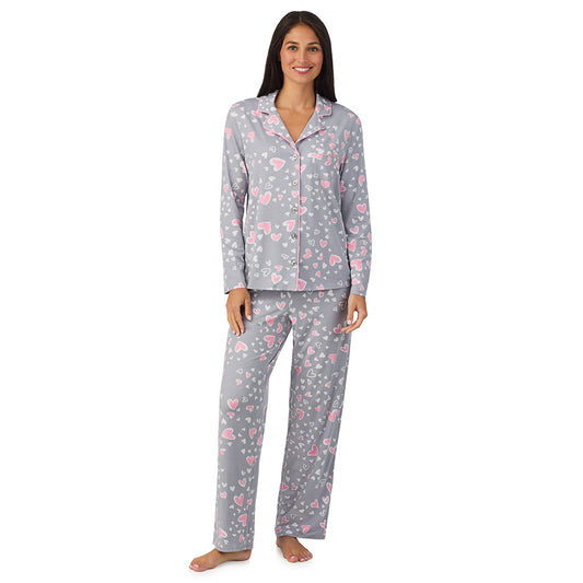 A lady wearing Cotton Rich Long Sleeve Notch Collar Top with Long Pant Pajama Set