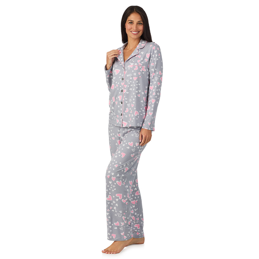 A lady wearing Cotton Rich Long Sleeve Notch Collar Top with Long Pant Pajama Set