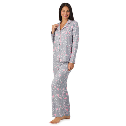 A lady wearing Cotton Rich Long Sleeve Notch Collar Top with Long Pant Pajama Set