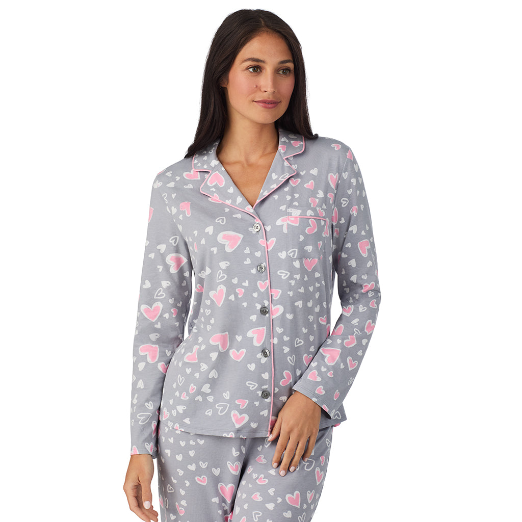 Grey Heart;Model is wearing size S. She is 5'8.5", Bust 32", Waist 25", Hips 36".@A lady wearing Cotton Rich Long Sleeve Notch Collar Top with Long Pant Pajama Set