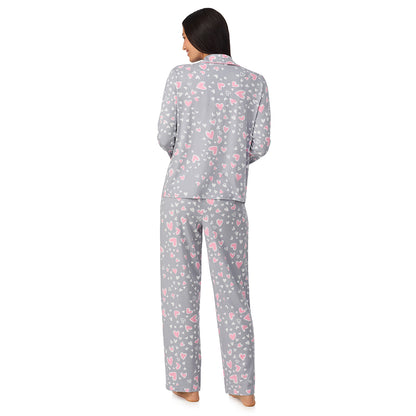 A lady wearing Cotton Rich Long Sleeve Notch Collar Top with Long Pant Pajama Set