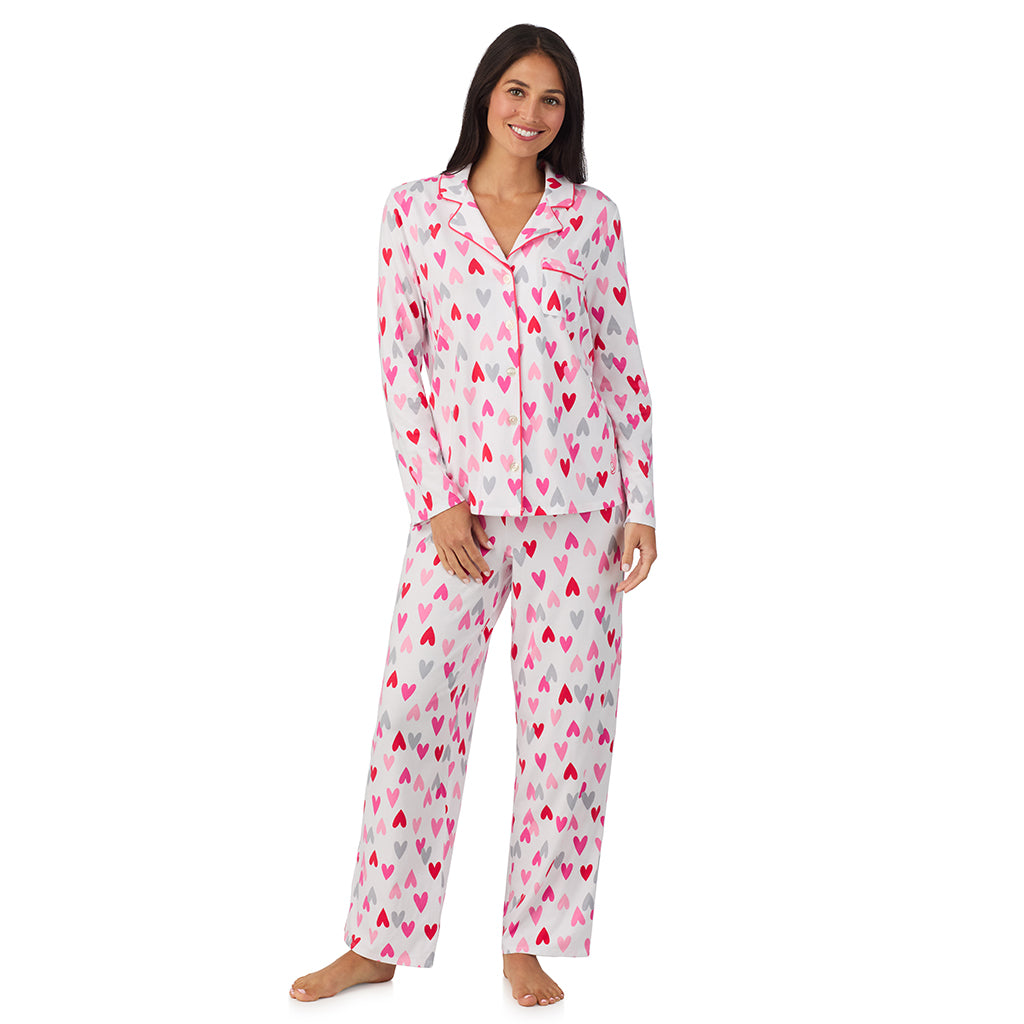 White Multi Heart;Model is wearing size S. She is 5'8.5", Bust 32", Waist 25", Hips 36".@A lady wearing Cotton Rich Long Sleeve Notch Collar Top with Long Pant Pajama Set