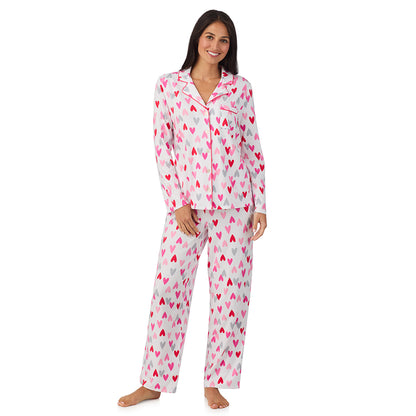 A lady wearing Cotton Rich Long Sleeve Notch Collar Top with Long Pant Pajama Set
