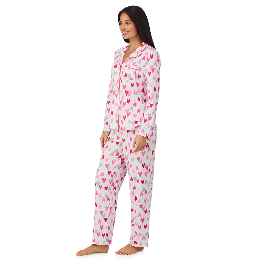 A lady wearing Cotton Rich Long Sleeve Notch Collar Top with Long Pant Pajama Set