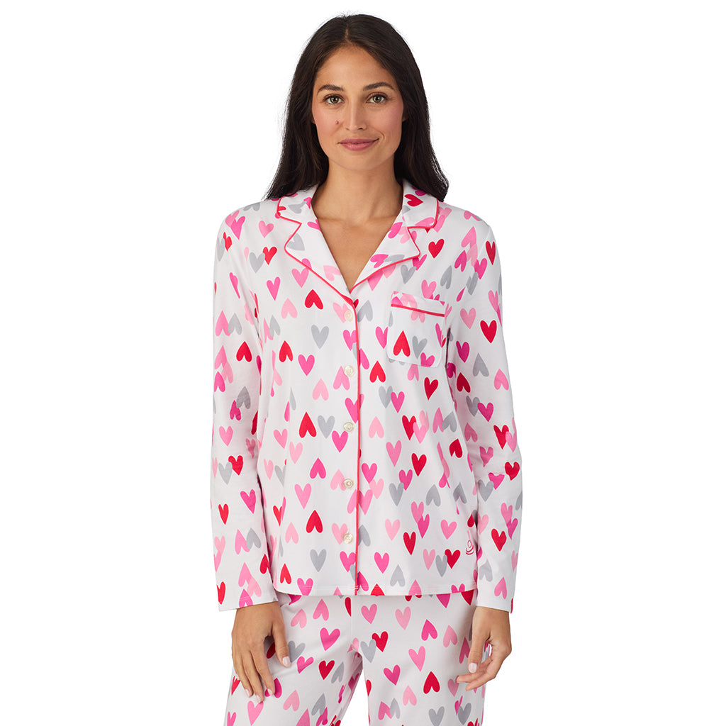 A lady wearing Cotton Rich Long Sleeve Notch Collar Top with Long Pant Pajama Set