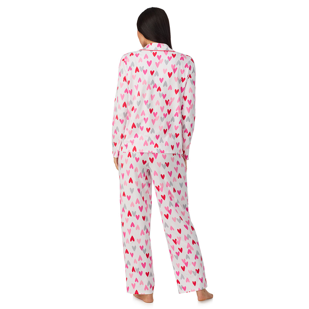 A lady wearing Cotton Rich Long Sleeve Notch Collar Top with Long Pant Pajama Set