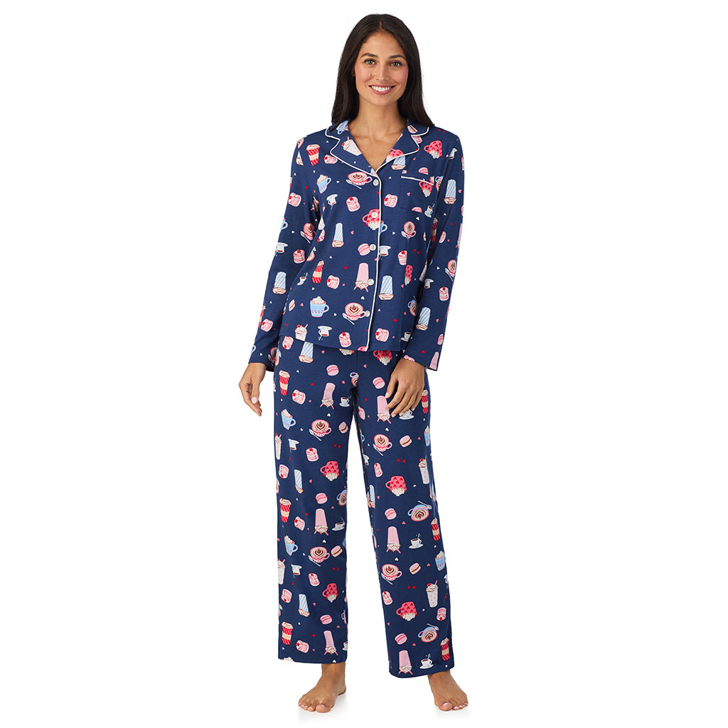 A lady wearing Cotton Rich Long Sleeve Notch Collar Top with Long Pant Pajama Set