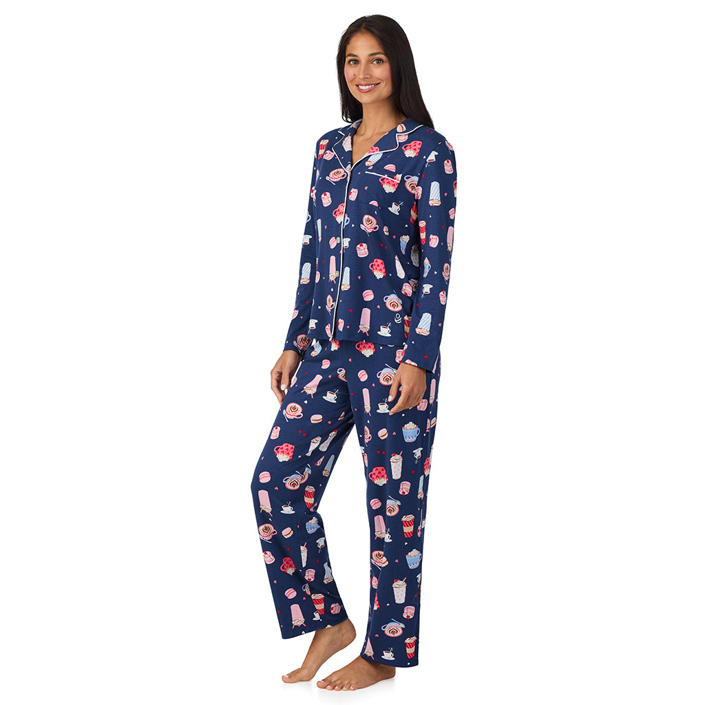 Navy Coffee;Model is wearing size S. She is 5'8.5", Bust 32", Waist 25", Hips 36".@A lady wearing Cotton Rich Long Sleeve Notch Collar Top with Long Pant Pajama Set