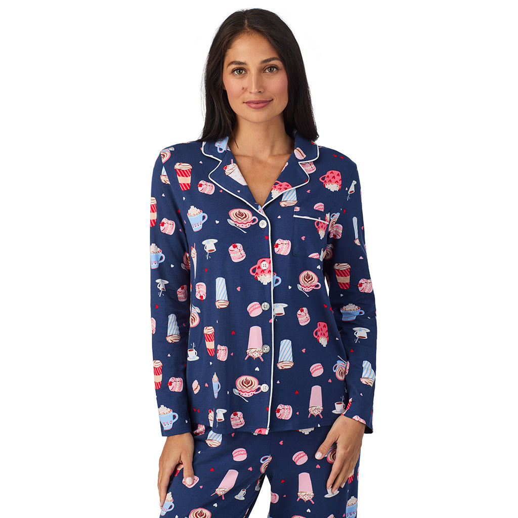 Navy Coffee;Model is wearing size S. She is 5'8.5", Bust 32", Waist 25", Hips 36".@A lady wearing Cotton Rich Long Sleeve Notch Collar Top with Long Pant Pajama Set
