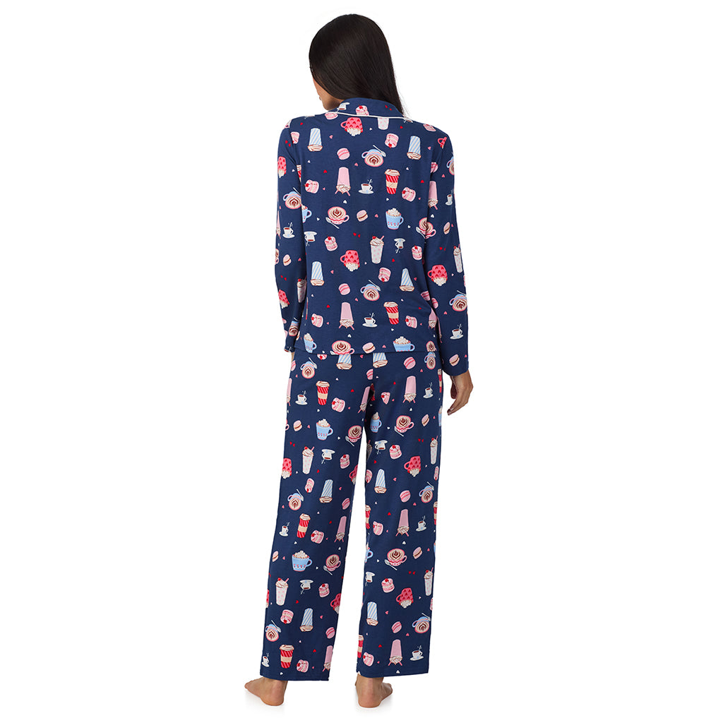 A lady wearing Cotton Rich Long Sleeve Notch Collar Top with Long Pant Pajama Set