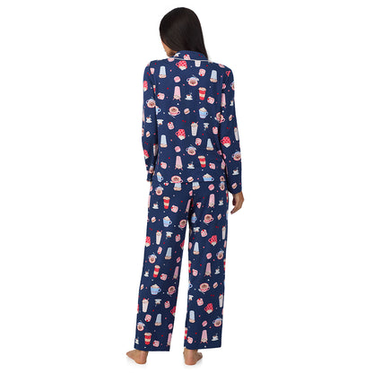 A lady wearing Cotton Rich Long Sleeve Notch Collar Top with Long Pant Pajama Set