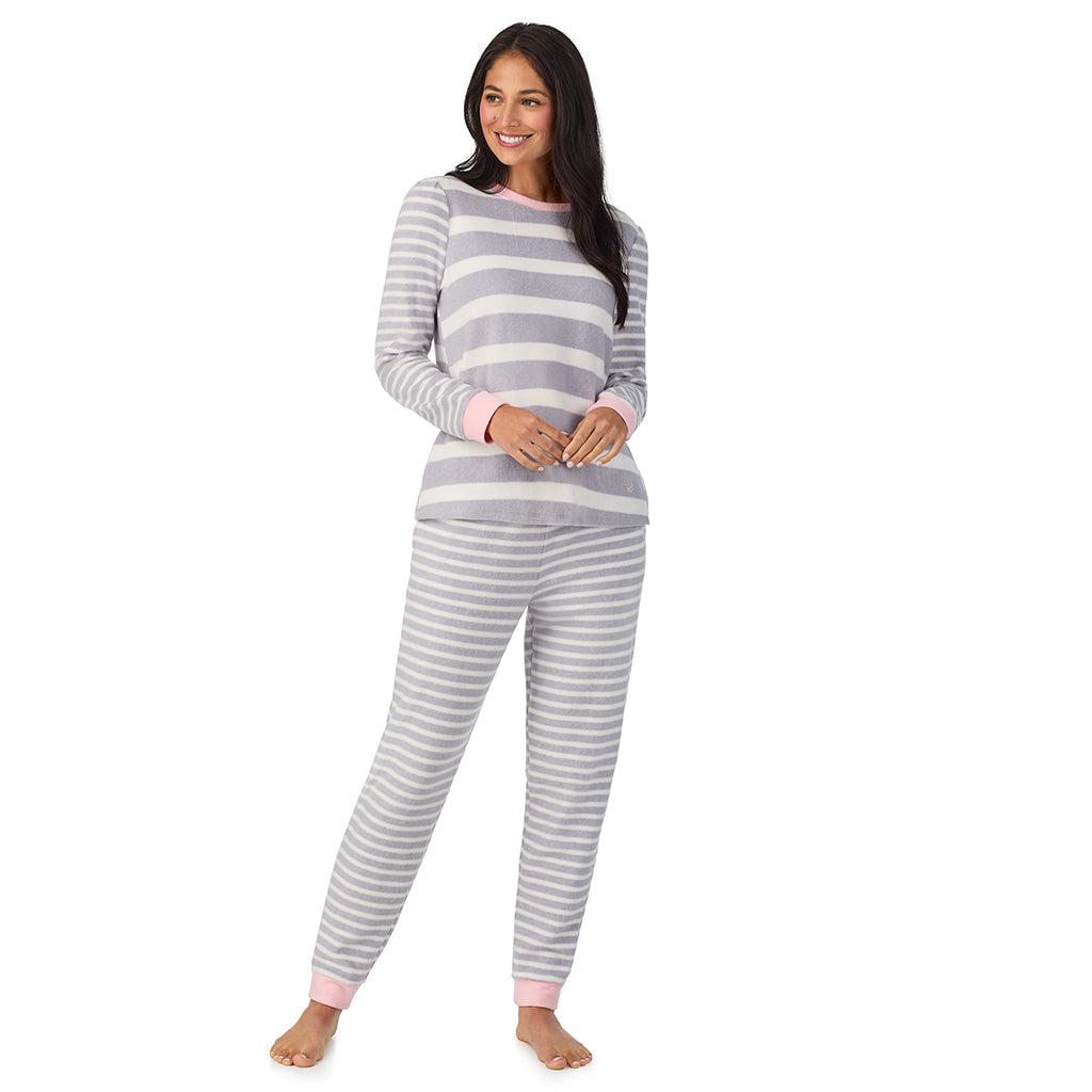 Heather Grey Stripe; Model is wearing size S. She is 5'8.5", Bust 32", Waist 25", Hips 36". @A lady wearing Cuddl Duds x Jennifer Lake Fleece with Stretch Long Sleeve Top with Jogger PJ Set 