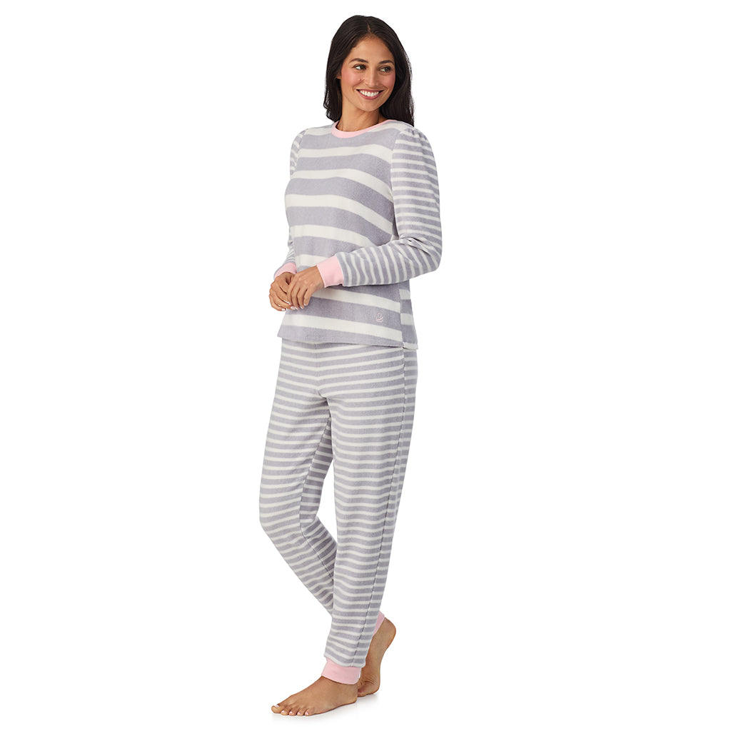 Heather Grey Stripe; Model is wearing size S. She is 5'8.5", Bust 32", Waist 25", Hips 36". @A lady wearing Cuddl Duds x Jennifer Lake Fleece with Stretch Long Sleeve Top with Jogger PJ Set 