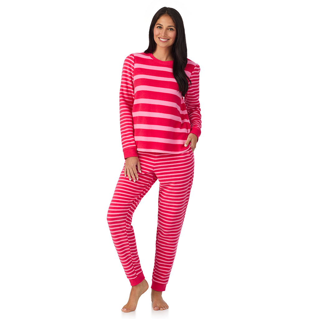 Pink Red Stripe; Model is wearing size S. She is 5'8.5", Bust 32", Waist 25", Hips 36". @A lady wearing Cuddl Duds x Jennifer Lake Fleece with Stretch Long Sleeve Top with Jogger PJ Set 