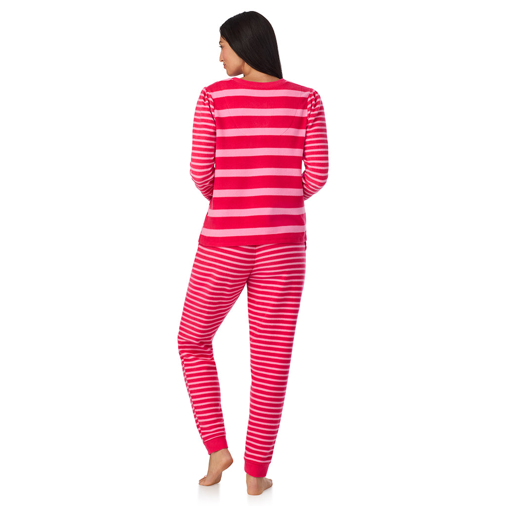 Pink Red Stripe; Model is wearing size S. She is 5'8.5", Bust 32", Waist 25", Hips 36". @A lady wearing Cuddl Duds x Jennifer Lake Fleece with Stretch Long Sleeve Top with Jogger PJ Set 