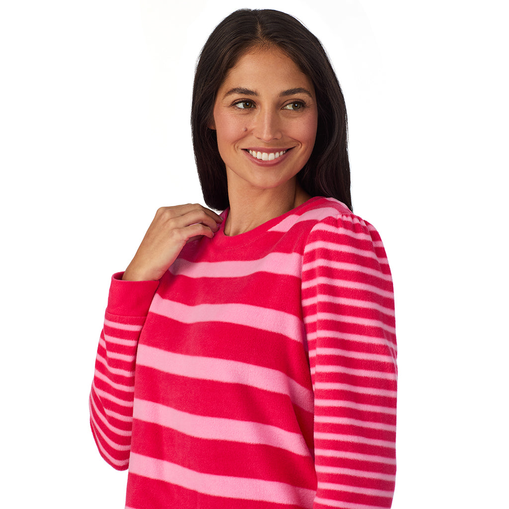 Pink Red Stripe; Model is wearing size S. She is 5'8.5", Bust 32", Waist 25", Hips 36". @A lady wearing Cuddl Duds x Jennifer Lake Fleece with Stretch Long Sleeve Top with Jogger PJ Set 